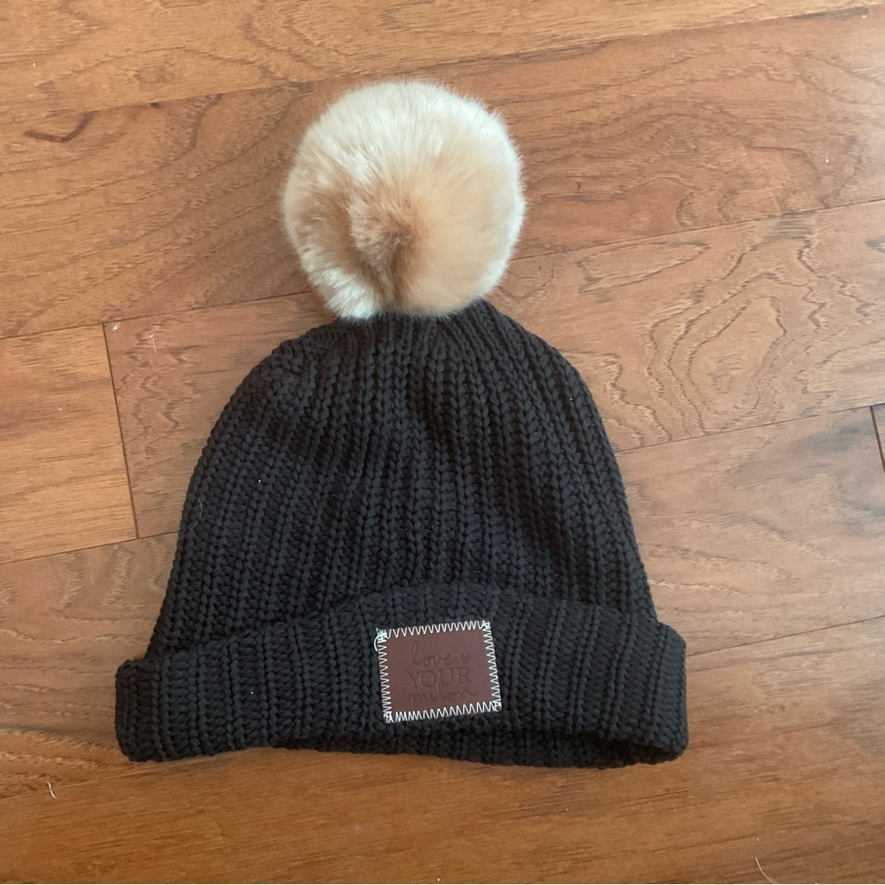 Love Your Melon Black Knit Beanie with Large Tan Poof Winter Warm Snow